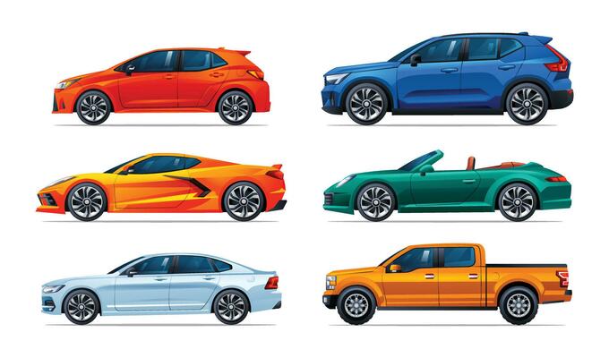 Set of cars in different types. Hatchback, suv, sedan, convertible, pickup. Side view car vector illustration