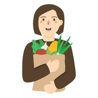 girl holding a bag of freshly bought vegetable vector