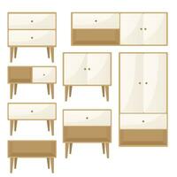 vector design of collection of wooden furniture such as shelves, cupboards, nightstands