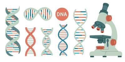 Set of DNA and microscope. Life gene model bio code genetics molecule medical symbols. Structure molecule, chromosome. Pictogram of Dna vector, genetic sign, elements collection. Vector illustration