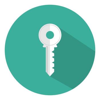 Key icon with long shadow. Flat design style. Round icon. Key silhouette. Modern flat icon in stylish colors. Web site page and mobile app design element. vector