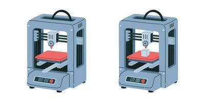 3d printer concept. Machine makes polymer volume object. Plastic abstract symbols made by 3d printer. Additive technology for hobby vector illustration.