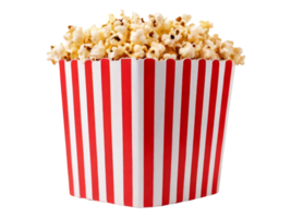 AI generated popcorn in striped cardboard bucket isolated on png transparency