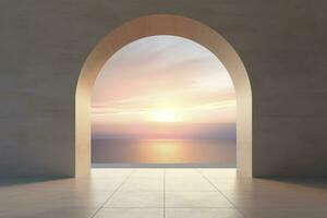 AI generated Arched window looking through sunrise on a stone wall photo