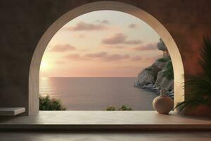 AI generated Arched window looking through sunrise on a stone wall photo