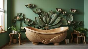 AI generated Wooden bathtub against a green wall with lotus flower decoration photo