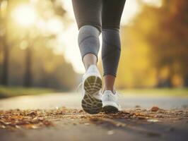 AI generated Woman legs in white shoes against autumn leaves background photo