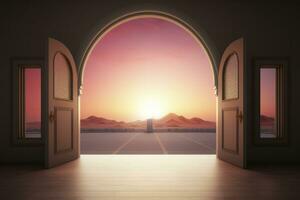 AI generated Arched window looking through sunrise on a stone wall photo