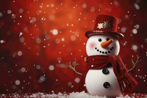 AI generated Snowman with hat and scarf on red background photo