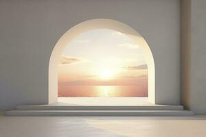 AI generated Arched window looking through sunrise on a stone wall photo