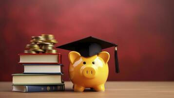 AI generated Graduation hat with piggy bank beside the books and coins stack photo