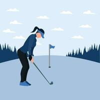 vector illustration - woman training golf on the sunny day - flat cartoon style