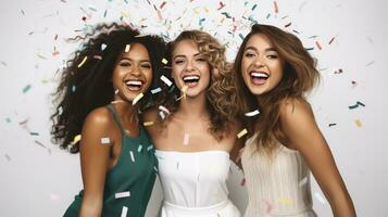 AI generated cute women's party celebrate with confetti background photo