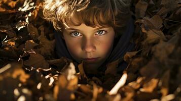ai generado pequeño chico cubrir en otoño hojas y oscuridad foto