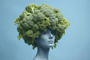 AI generated Woman head as broccoli vegetable pastel blue background photo