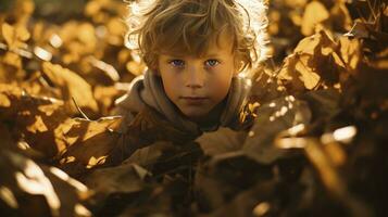 ai generado pequeño chico cubrir en otoño hojas y oscuridad foto