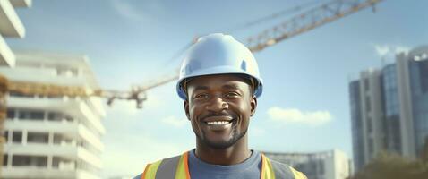 AI generated Portrait of black african man architect at building site looking at camera photo
