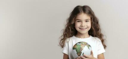 AI generated Portrait of a adorable girl holding small globe planet world photo