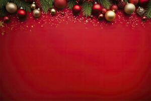 AI generated Christmas or New Year red background with fir decor. AI Generated photo