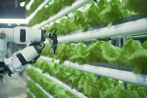 ai generado automático agrícola tecnología con de cerca ver de robótico brazo cosecha lechuga en vertical hidropónico planta. ai generado foto