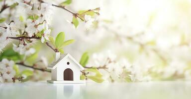 AI generated Toy house and cherry flowers, spring abstract natural background. Generative AI photo