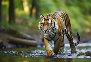 AI generated Amur tiger walking in the water. Dangerous animal.  Animal in a green forest stream. Generative AI photo