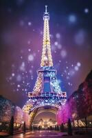 ai generado Navidad árbol decorado con Encendiendo cerca el eiffel torre en París foto