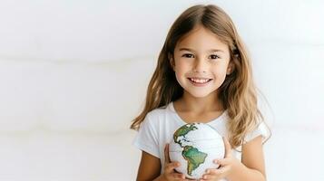 ai generado retrato de un adorable niña participación pequeño globo planeta mundo foto