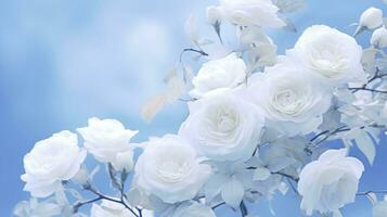 AI generated White roses bloom against blue sky background photo