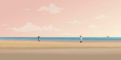 Couple of lover meeting on field at coastal have tropical blue sea and vanilla sky background vector illustration. Valentine's day concept flat design have blank space.