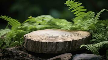AI generated A wooden round stand in the middle of a forest with a green background photo