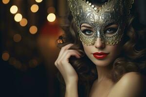 AI generated Beautiful women wearing carnival mask at party background photo