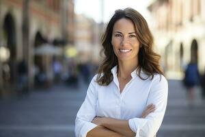 AI generated Portrait of beautiful mature woman happy smiling touch face photo