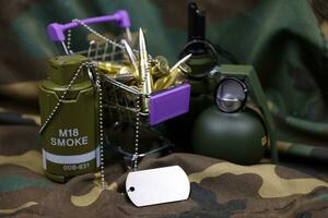 Rifle cartridges in small shopping cart. Big caliber ammo cartridges and hand grenades with a small shopping basket photo