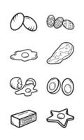 Eight various egg food vector icon set collection illustration isolated on plain white background. Simple flat cartoon art styled drawing.