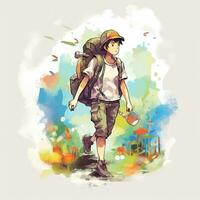 AI generated illustration of a male adventurer carrying a backpack on his back, AI generated. photo