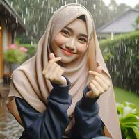 AI generated a muslim woman poses showing a symbol of love with her hands in the rain. AI generated photo