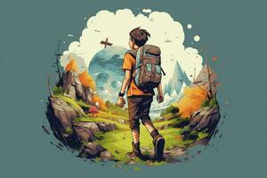 AI generated illustration of a male adventurer carrying a backpack on his back, AI generated. photo