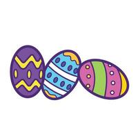 Three patterned easter egg colorful vector icon illustration outlined isolated on plain white background. Simple flat cartoon art styled drawing.