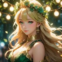 AI generated Animation of beautiful girl wearing a dress and flower crown, AI generated. photo