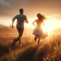 AI generated A couple running in a meadow at sunset, AI generated photo
