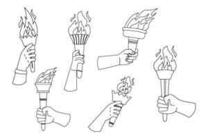 Set of outline hand holding olympus torch vector