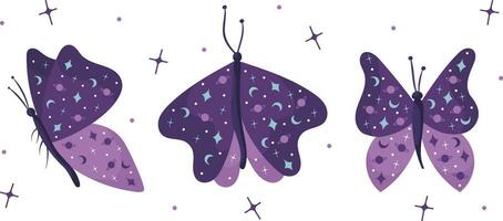 conjunto de mano dibujar mariposas en blanco antecedentes en púrpura colores con estrellas y luna.vector. vector