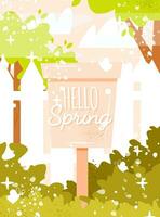 Hello Spring with mailbox in the garden, trees, bushes, butterflies and fence. Hand drawn vector illustration in flat cartoon style. Perfect for card, poster, banner, wallpaper and so on