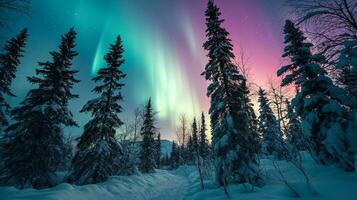 ai generado Aurora magia, crepúsculo bosque ligero espectáculo foto