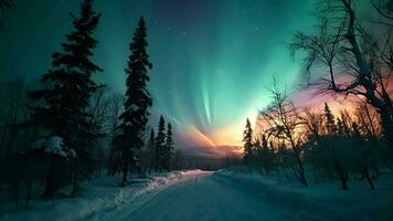 ai gegenereerd schemering Aurora borealis over- besneeuwd Woud video