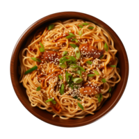 AI generated a bowl of Chinese noodles isolated on a transparent background, top view png