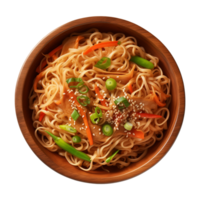 AI generated a bowl of Chinese noodles isolated on a transparent background, top view png