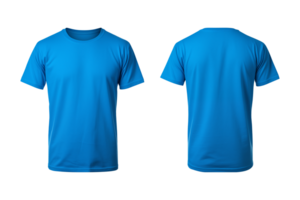 AI generated realistic set of male blue t-shirts mockup front and back view isolated on a transparent background, cut out png