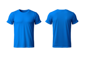 AI generated realistic set of male blue t-shirts mockup front and back view isolated on a transparent background, cut out png